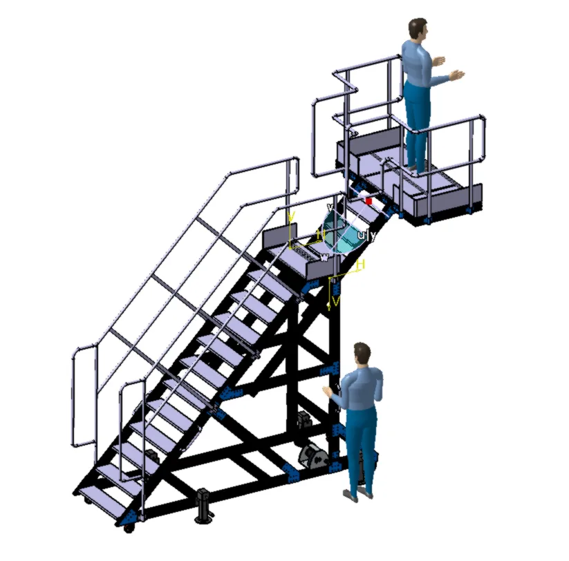 3D model of a mobile access stair with top platform, guard rails, castors and stabilisers