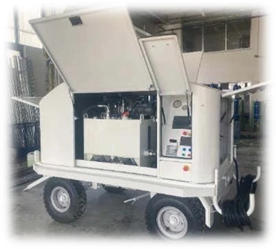 Mobile hydraulic test bench with open service panels in a hangar