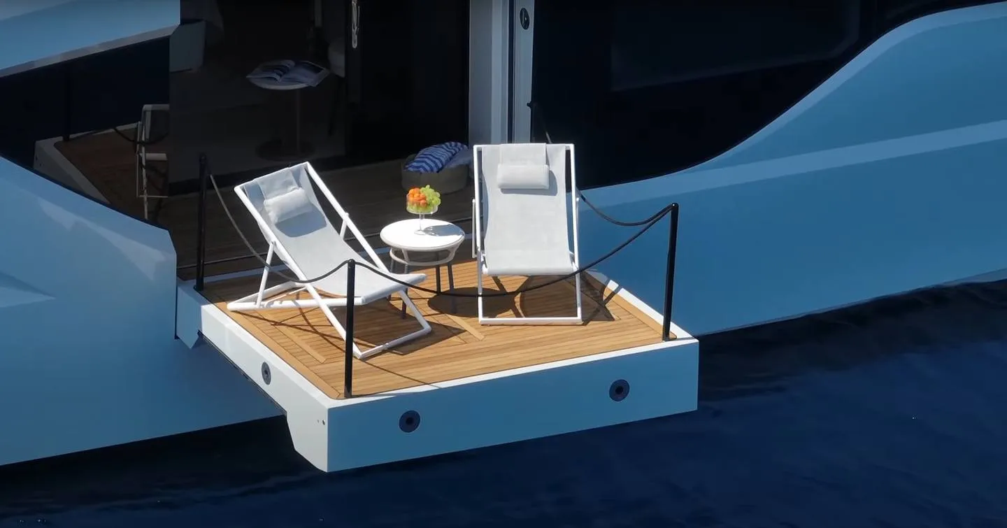 Deployed composite balcony on the side of a 24 m catamaran